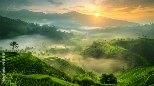 A stunning view of rice terraces at sunrise, with mist rising from the valleys and vibrant green fields.