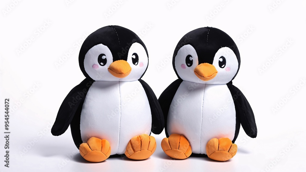 Fototapeta premium Two cute penguin plushies sitting side by side.
