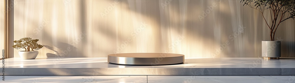 A brushed metal podium with a silver finish, designed with sleek, angled platforms to display cosmetics. A brushed metal podium with a silver finish, designed with sleek, angled platforms to display cosmetics.
