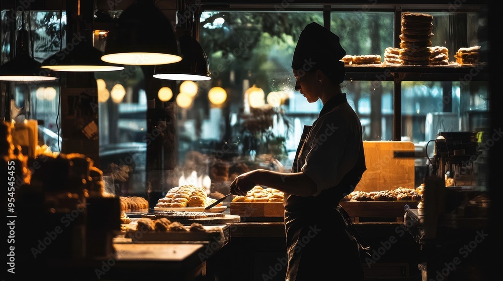 A baker skillfully prepares fresh pastries in a warm, cozy bakery illuminated by soft lighting, creating a delightful atmosphere. A baker skillfully prepares fresh pastries in a warm, cozy bakery illuminated by soft lighting, creating a delightful atmosphere.