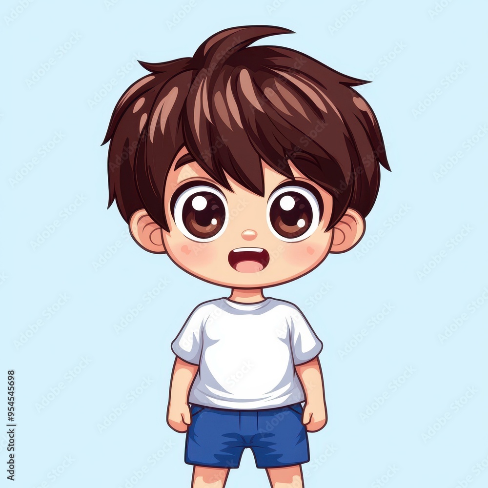 A charming illustration featuring a joyful yearold boy with big bright eyes, dressed in blue shorts and a white tee. A charming illustration featuring a joyful yearold boy with big bright eyes, dressed in blue shorts and a white tee.