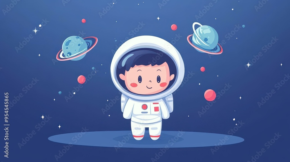 Fototapeta premium Cartoon aliens zoom past an astronaut in this vibrant vector illustration, showcasing a playful outer space adventure.