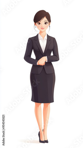 A confident woman in a stylish business suit, showcasing professionalism with a modern vector cartoon design.