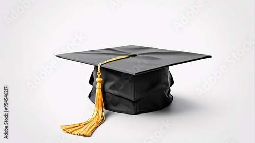 Black graduation cap with gold tassel on white background.