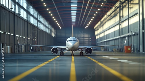 A modern airplane parked in a spacious aircraft hangar, showcasing industrial architecture and bright lighting.