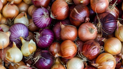 07231249 355. A rustic display of Allium Cepa onions piled high, showcasing the variety of shapes and sizes with a focus on their natural, organic appeal photo