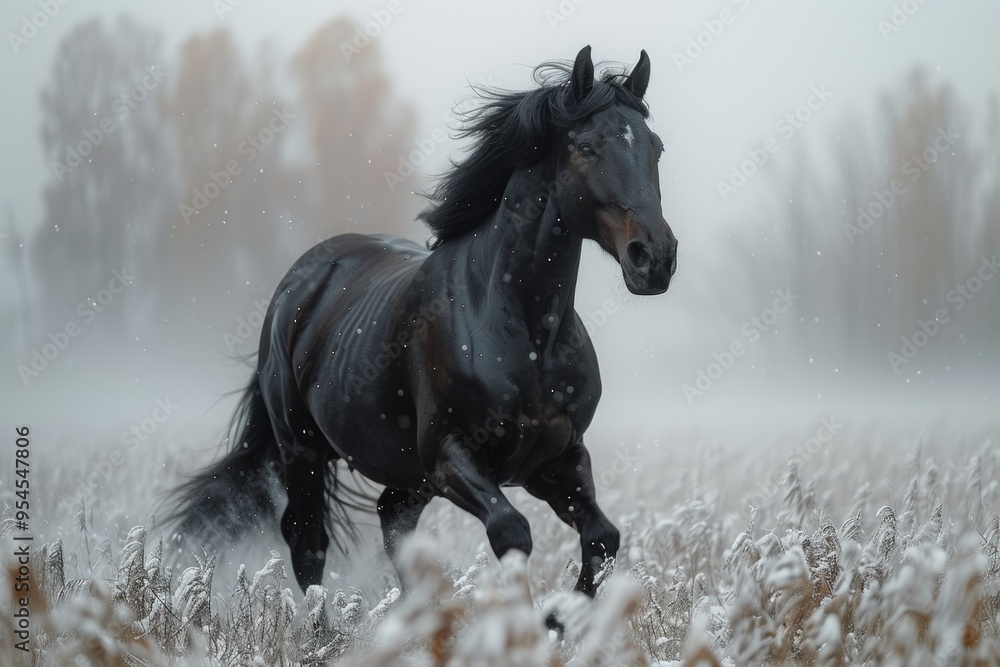 Obraz premium black horse gallops through a misty, rainy winter field, radiating health and happiness.