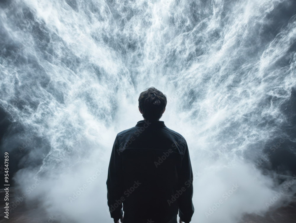 A person stands in awe, witnessing powerful display of swirling mist and light, evoking sense of wonder and contemplation. A person stands in awe, witnessing powerful display of swirling mist and light, evoking sense of wonder and contemplation.