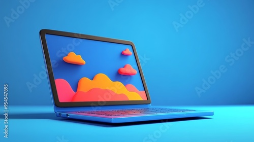 A vibrant laptop displaying colorful abstract clouds on a bright blue background, perfect for tech and design themes. photo