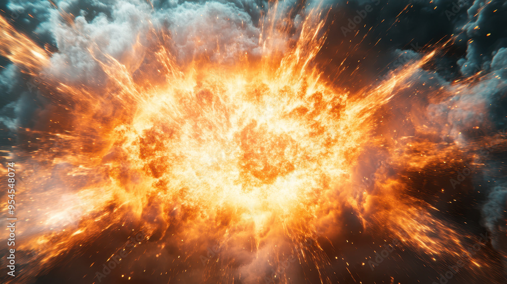 Explosive shockwave bursting through clouds, creating dramatic visual impact. fiery explosion radiates energy and intensity. Explosive shockwave bursting through clouds, creating dramatic visual impact. fiery explosion radiates energy and intensity.