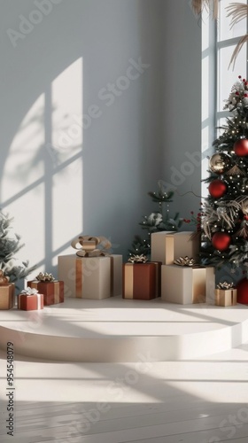 Merry Christmas and Happy New Year. Podium studio with gifts, boxes