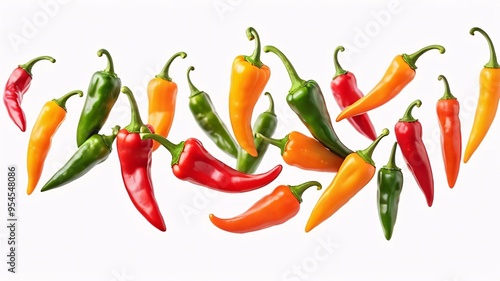 A cluster of red, orange, and green chili peppers on a white background. photo