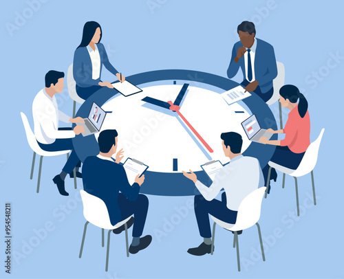 Time management. Deadline. The time stress. Planning. The team talks about the time schedule. Vector illustration.