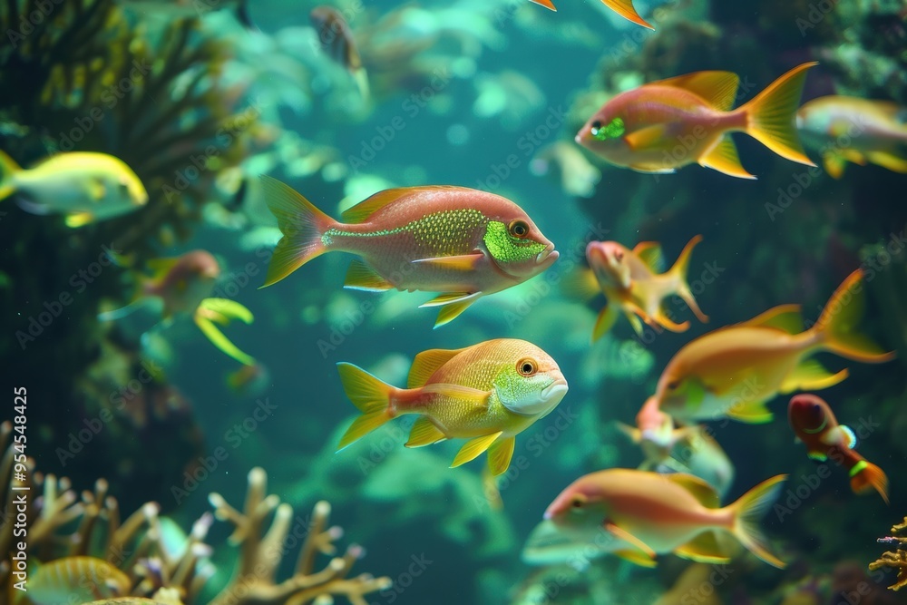 a vibrant coral reef thrives with schools of tropical fish in vivid hues. Swirling kelp forests and curious sea creatures bask in rays of sunlight breaking through the water's surface. a vibrant coral reef thrives with schools of tropical fish in vivid hues. Swirling kelp forests and curious sea creatures bask in rays of sunlight breaking through the water's surface.