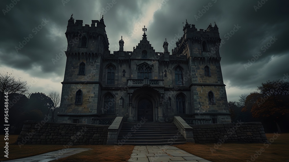 Creepy Castle on Halloween Night with Lit Pumpkins. Creepy Castle on Halloween Night with Lit Pumpkins.