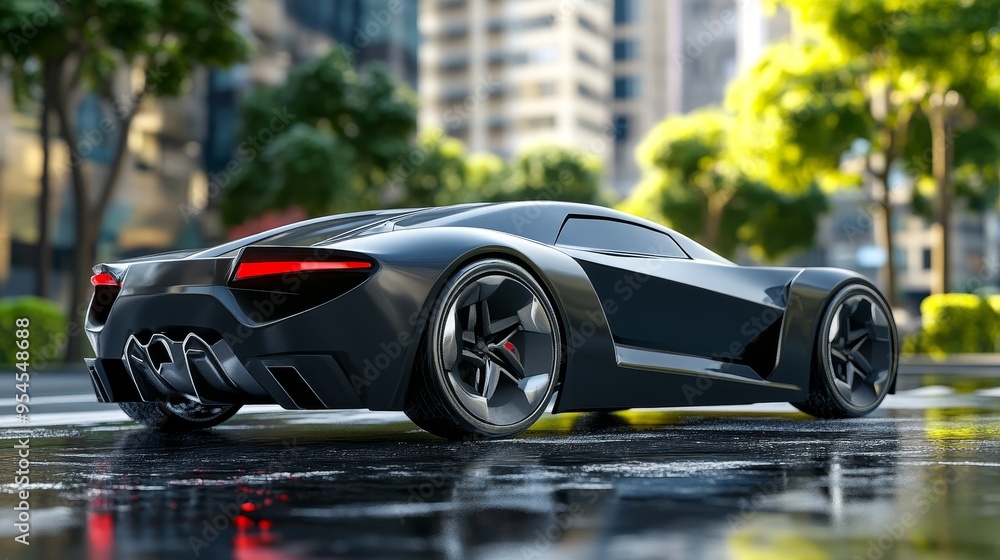 Φωτογραφία Sleek black sports car parked on a city street, showcasing modern design and shimmering reflections on wet pavement