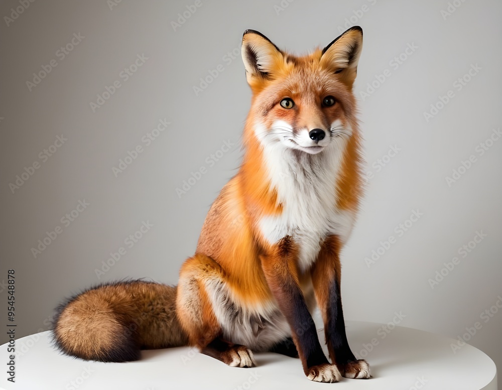 A red fox sitting gracefully against a neutral background, showcasing its striking fur A red fox sitting gracefully against a neutral background, showcasing its striking fur