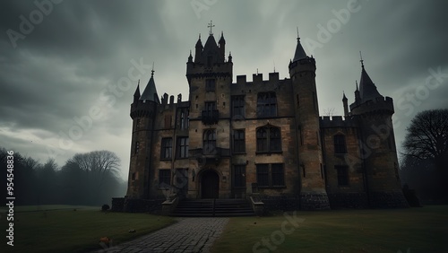 Spooky Halloween Castle Path with Lit Jack-o'-Lanterns.