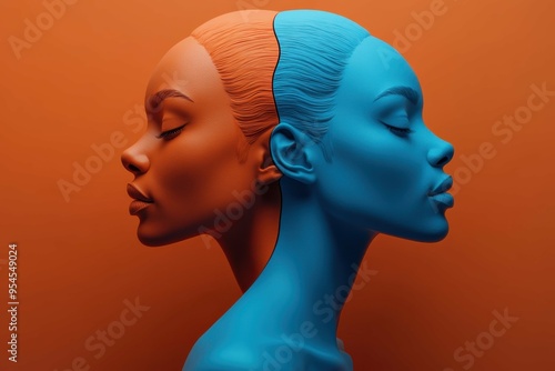 A human figure with a head that morphs into two distinct shapes, symbolizing the dual thinking in bilingualism photo