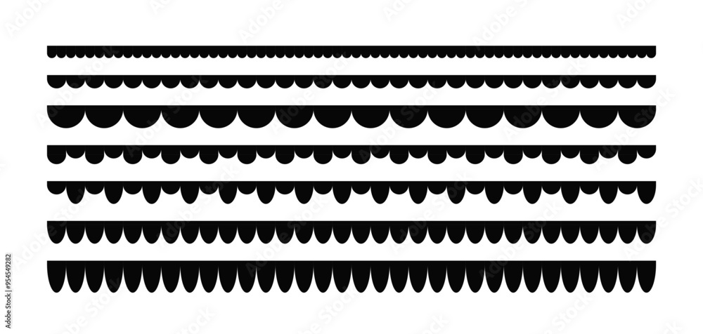 Scalloped edge seamless strokes set. Simple scalloped border. Fabric laces silhouette. Repeat cute vintage frill ornament. Texture ribbons. Vector illustration isolated on white background. Scalloped edge seamless strokes set. Simple scalloped border. Fabric laces silhouette. Repeat cute vintage frill ornament. Texture ribbons. Vector illustration isolated on white background.