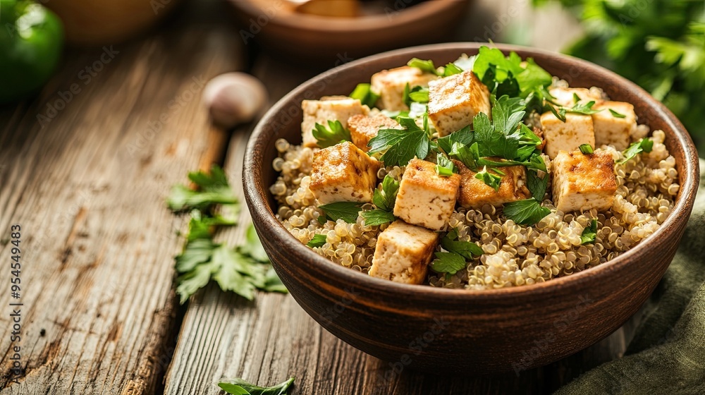 Healthy Vegan Bowl with Tofu, Quinoa, and Fresh Herbs: Presented on a rustic wooden table, this image highlights a nutritious vegan bowl with tofu, quinoa, and fresh herbs. Healthy Vegan Bowl with Tofu, Quinoa, and Fresh Herbs: Presented on a rustic wooden table, this image highlights a nutritious vegan bowl with tofu, quinoa, and fresh herbs.