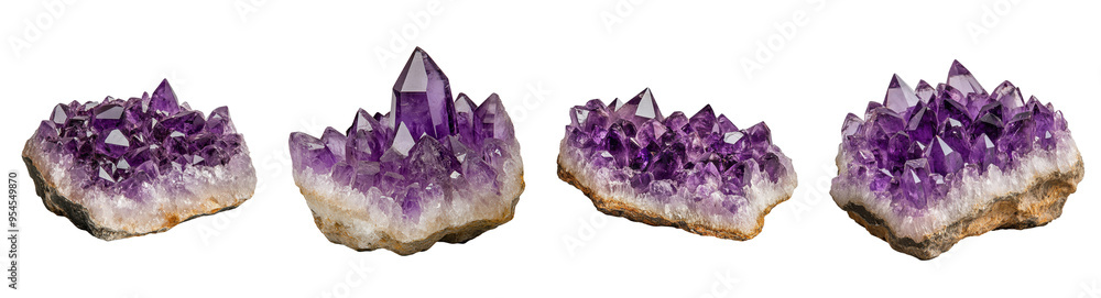 Amethyst Crystal Clusters, Purple gemstone formations on rocky bases, Healing stone set Amethyst Crystal Clusters, Purple gemstone formations on rocky bases, Healing stone set