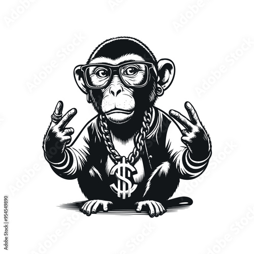 illustration of monkey wearing glasses and gold necklace in black and white vintage style, hiphop monkey illustration