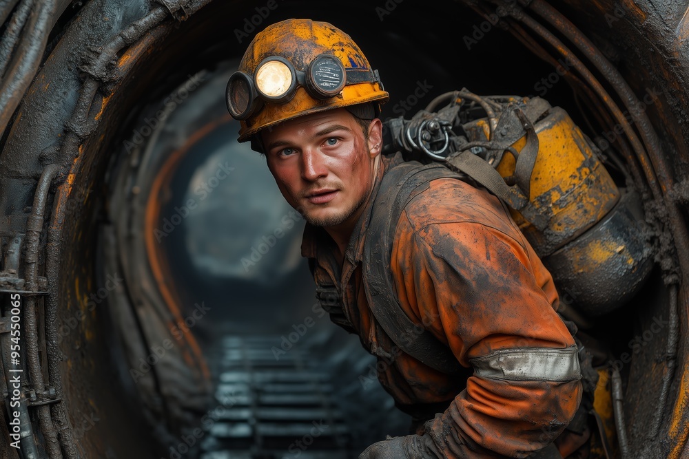A hardworking coal miner, covered in dust and grime, emerges from a dark tunnel after a challenging shift. A hardworking coal miner, covered in dust and grime, emerges from a dark tunnel after a challenging shift.