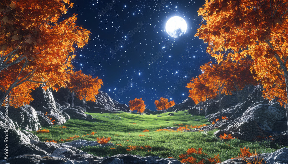 Fototapeta premium A serene landscape featuring vibrant orange trees under a starry night sky with a bright moon.