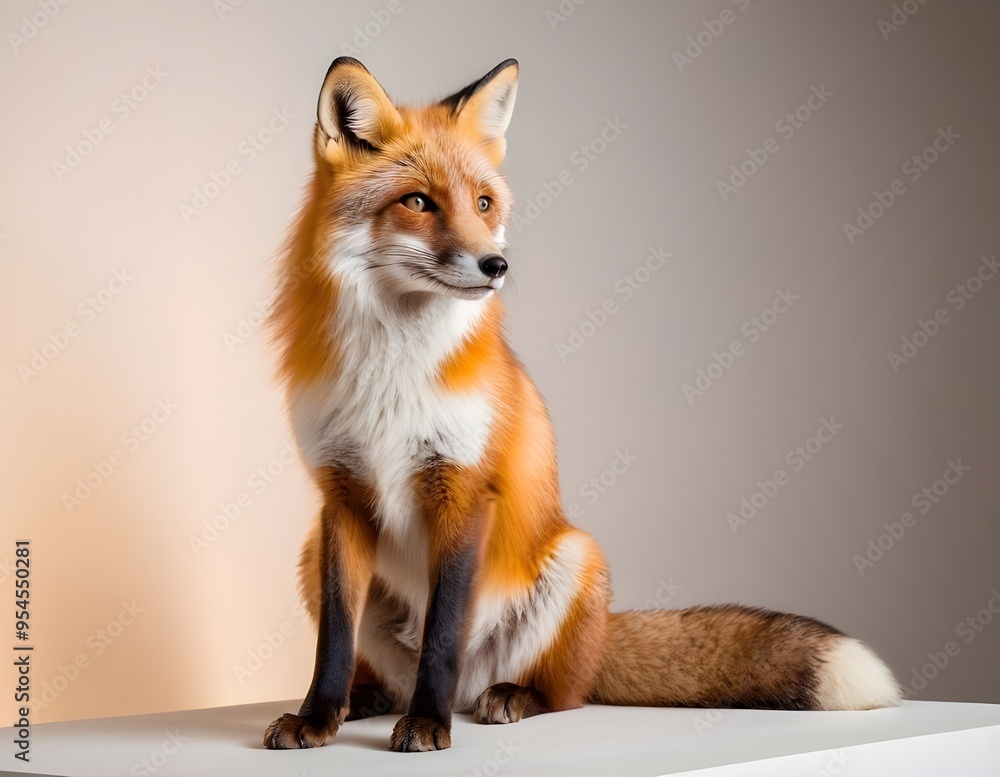 Fototapeta premium A red fox sitting gracefully against a neutral background, showcasing its striking fur