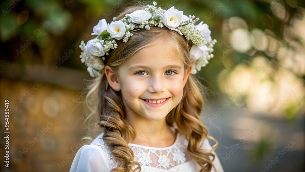 A beaming young girl wears a white flower crown, its innocence and joy mirrored in her radiant smile A beaming young girl wears a white flower crown, its innocence and joy mirrored in her radiant smile