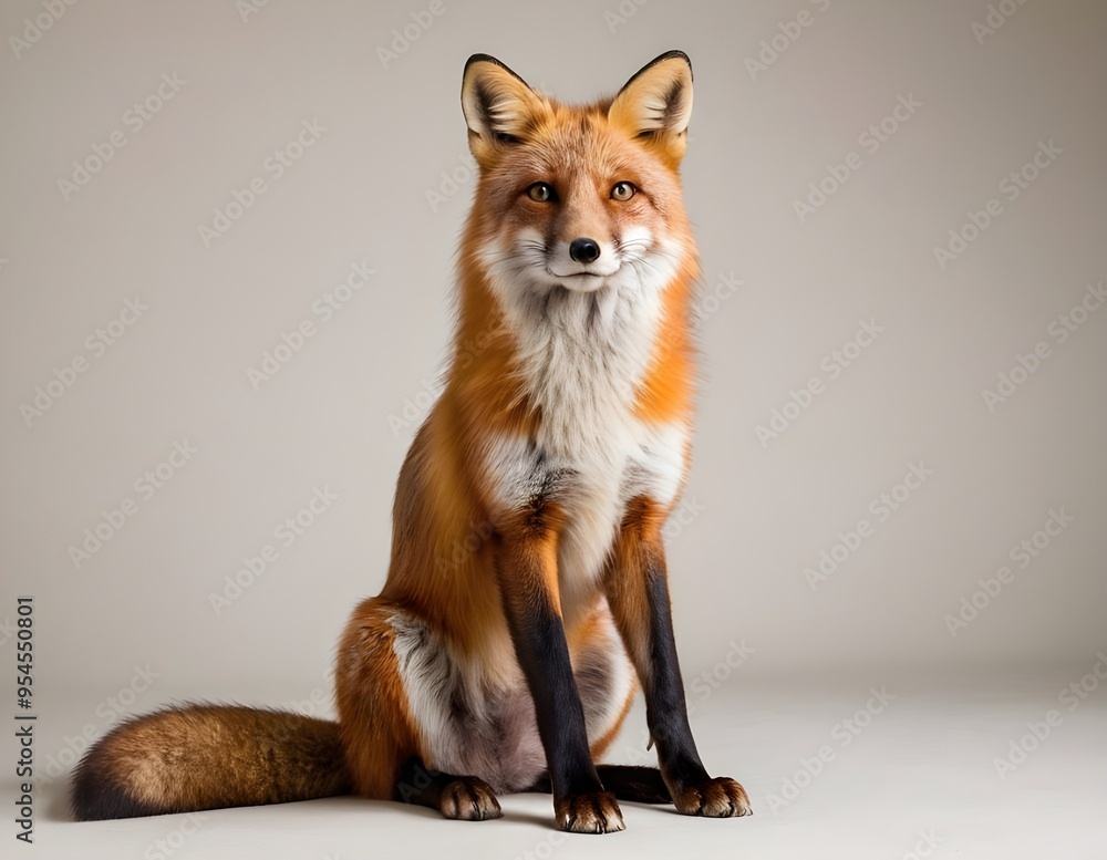 Fototapeta premium A red fox sitting gracefully against a neutral background, showcasing its striking fur