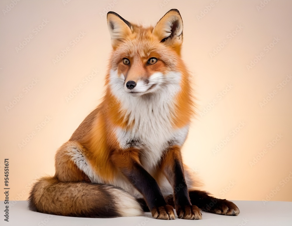 A red fox sitting gracefully against a neutral background, showcasing its striking fur A red fox sitting gracefully against a neutral background, showcasing its striking fur