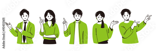 Set of various people, leading, presenting and pointing poses