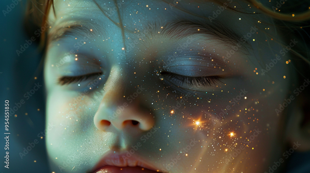 Close-up of a childâÂÂs face asleep, with tiny stars and moonlight gently illuminating their peaceful expression. Close-up of a childâÂÂs face asleep, with tiny stars and moonlight gently illuminating their peaceful expression.