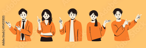 Set of various people, leading, presenting and pointing poses