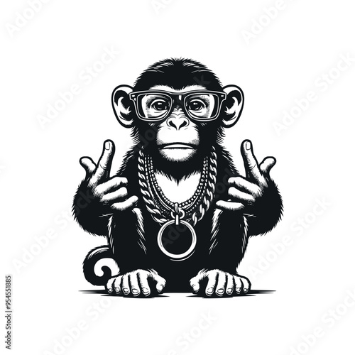 illustration of monkey wearing glasses and gold necklace in black and white vintage style, hiphop monkey illustration