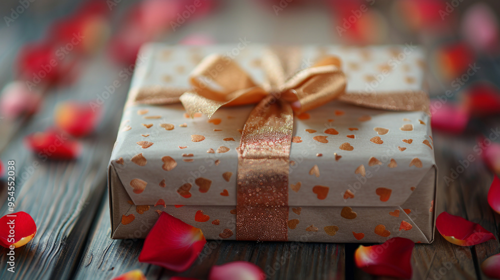 A close-up of a beautifully wrapped Valentine's Day gift box with a shiny gold ribbon, surrounded by a few scattered rose petals and small decorative hearts on a wooden table. A close-up of a beautifully wrapped Valentine's Day gift box with a shiny gold ribbon, surrounded by a few scattered rose petals and small decorative hearts on a wooden table.