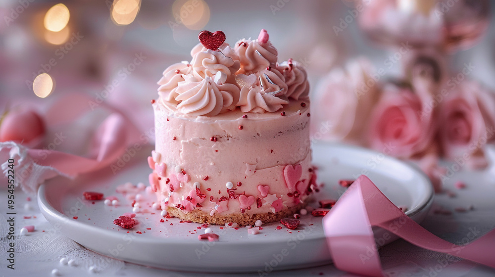 A close-up of a miniature Valentinea??s Day cake, frosted with pale pink buttercream and topped with tiny, edible hearts, placed on a white porcelain plate with a ribbon tied around it. A close-up of a miniature Valentinea??s Day cake, frosted with pale pink buttercream and topped with tiny, edible hearts, placed on a white porcelain plate with a ribbon tied around it.