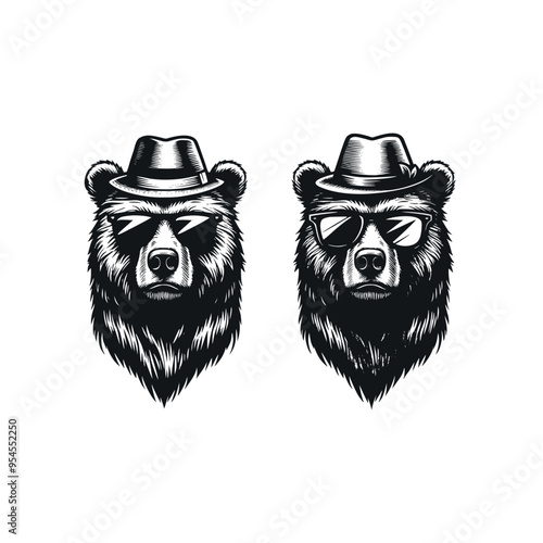 set illustration of bear wearing glasses in black and white vintage style