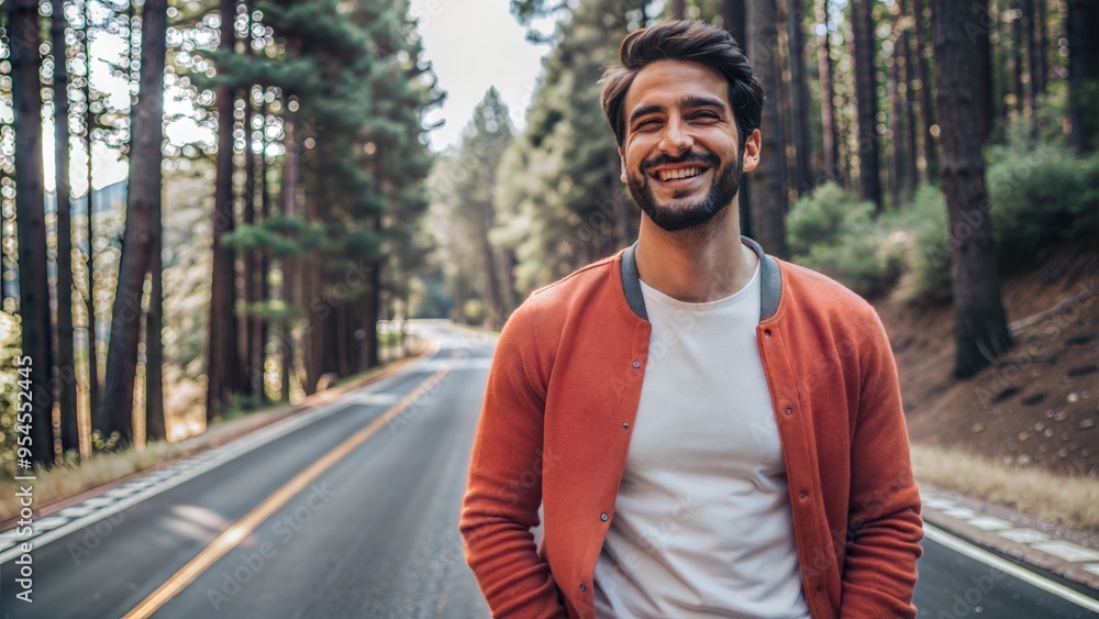 happy man standing on road in front of trees happy man standing on road in front of trees