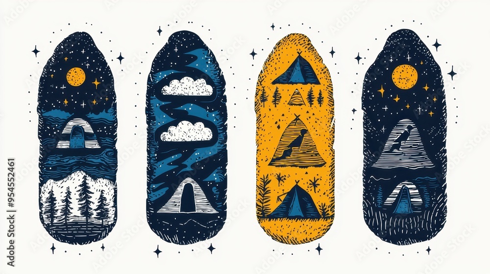 Camping Tent Icons Set   Night Sky  Moon  Stars  Mountain  Forest  Cloud  Adventure Illustration