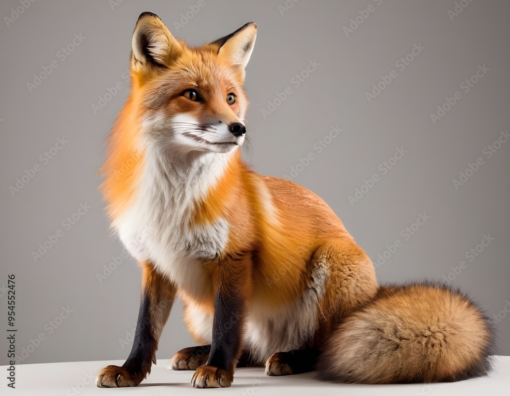 A red fox sitting gracefully against a neutral background, showcasing its striking fur A red fox sitting gracefully against a neutral background, showcasing its striking fur