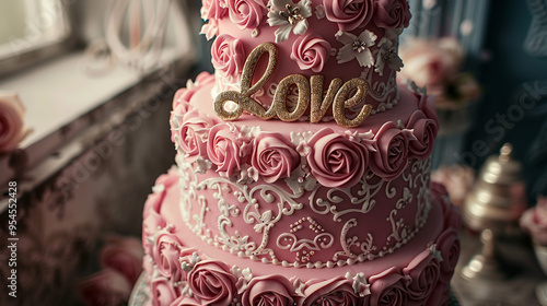 A close-up of a three-tiered Valentinea??s Day cake, each layer covered in smooth pink fondant and adorned with intricate sugar roses, delicate lace patterns, and a golden 