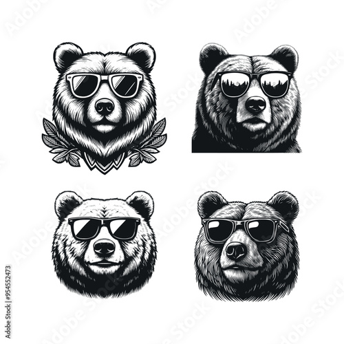 set illustration of bear wearing glasses in black and white vintage style