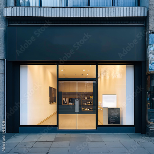 Shop front mockup, small store facade template for branding and business presentation, view of big window in European street