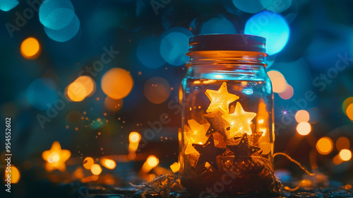 A close-up shot of a glass jar filled with tiny glowing stars, representing captured dreams.