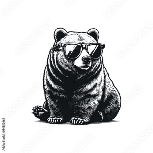 illustration of bear wearing glasses in black and white vintage style