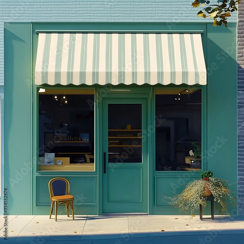 Shop front mockup, small store facade template for branding and business presentation, view of big window in European street