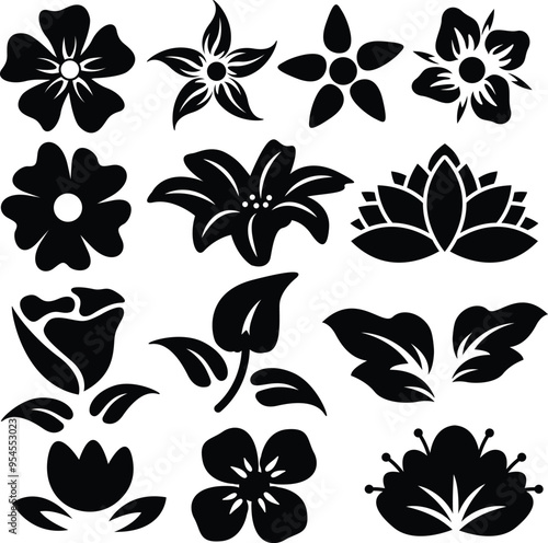 Floral Set Bundle Illustration, Silhouette Flowers Cut File, Plants Stencil, Florist Vector, Gardener Clipart